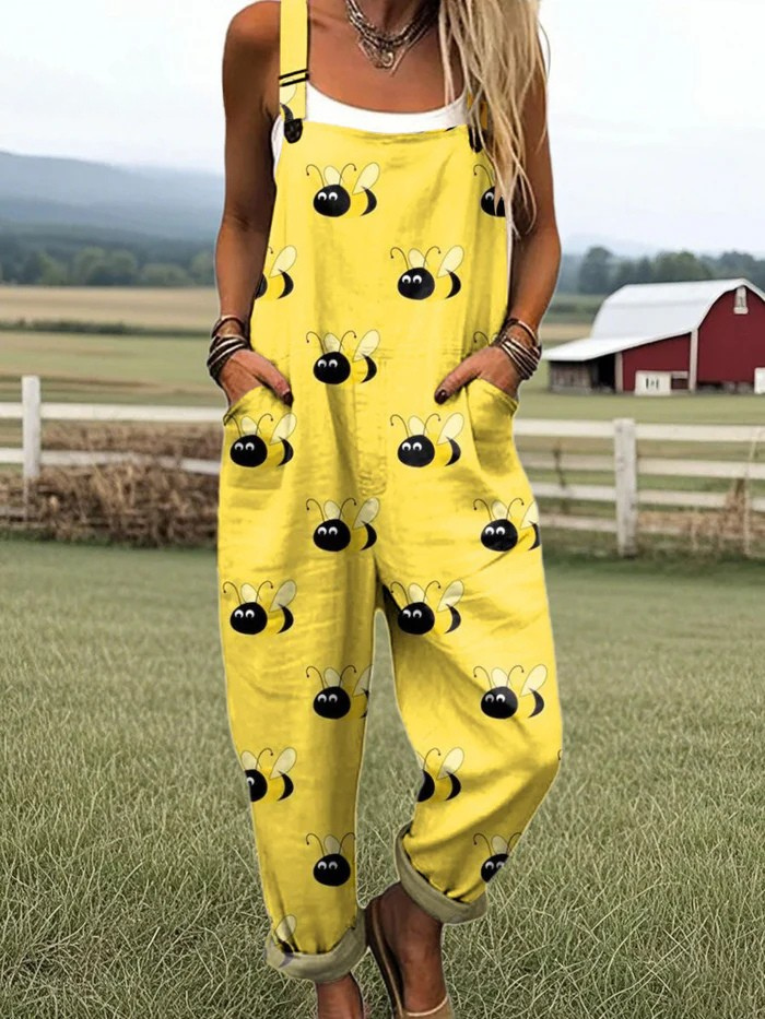 Bee Chic Jumpsuit - Bekväm Bredbent Design med Blommigt Tryck
