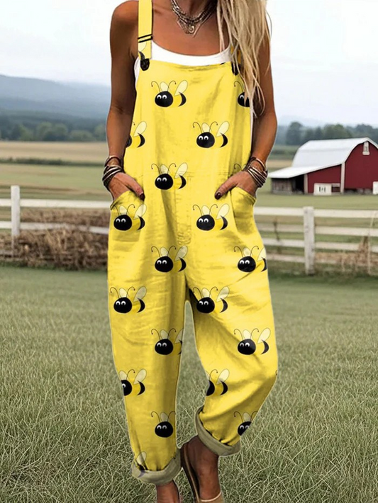 Bee Chic Jumpsuit - Bekväm Bredbent Design med Blommigt Tryck